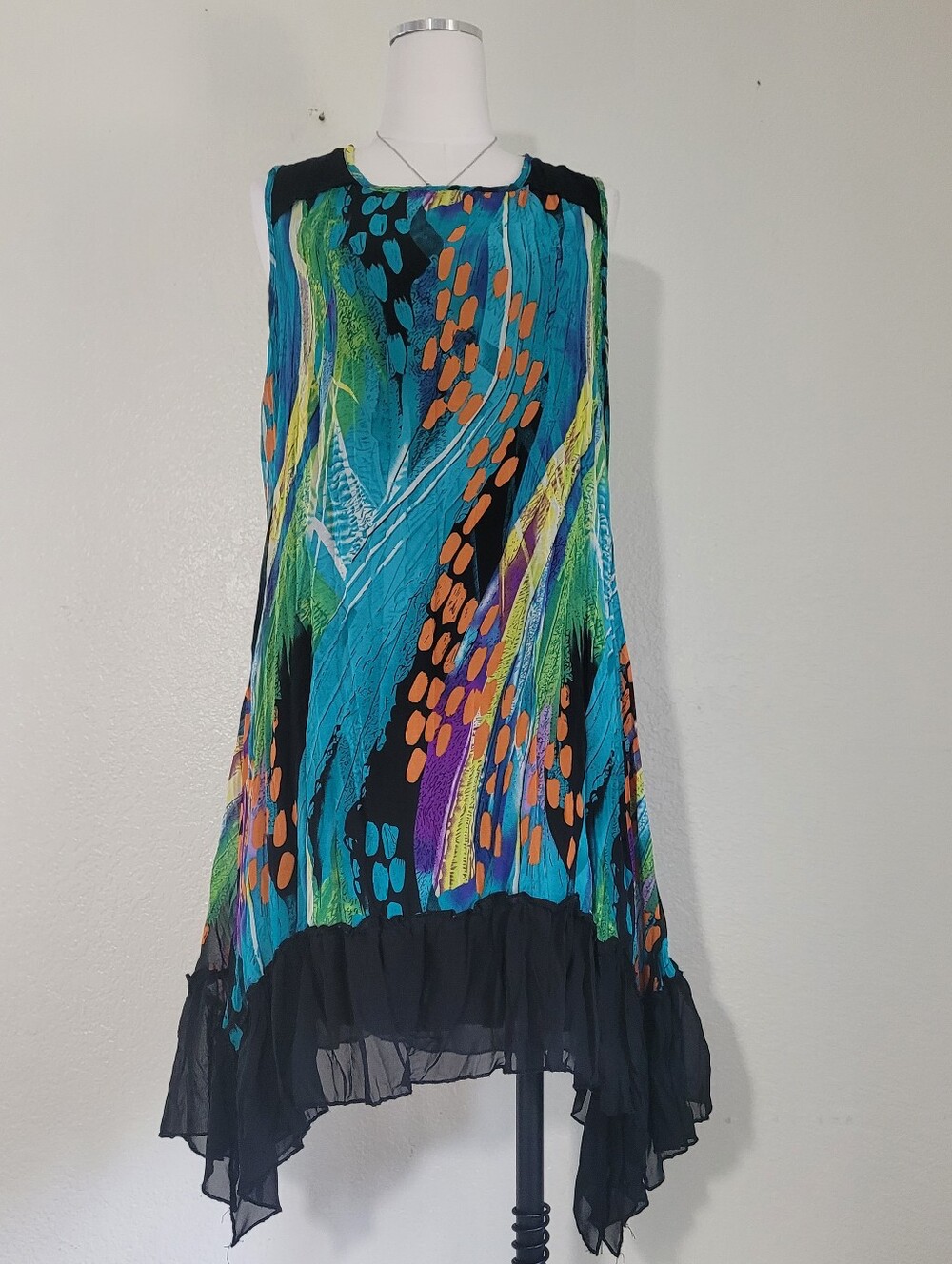 Nansa Vibrant Abstract Shade Of Teal Black Orange Sleeveless Tunic Dress On Size
